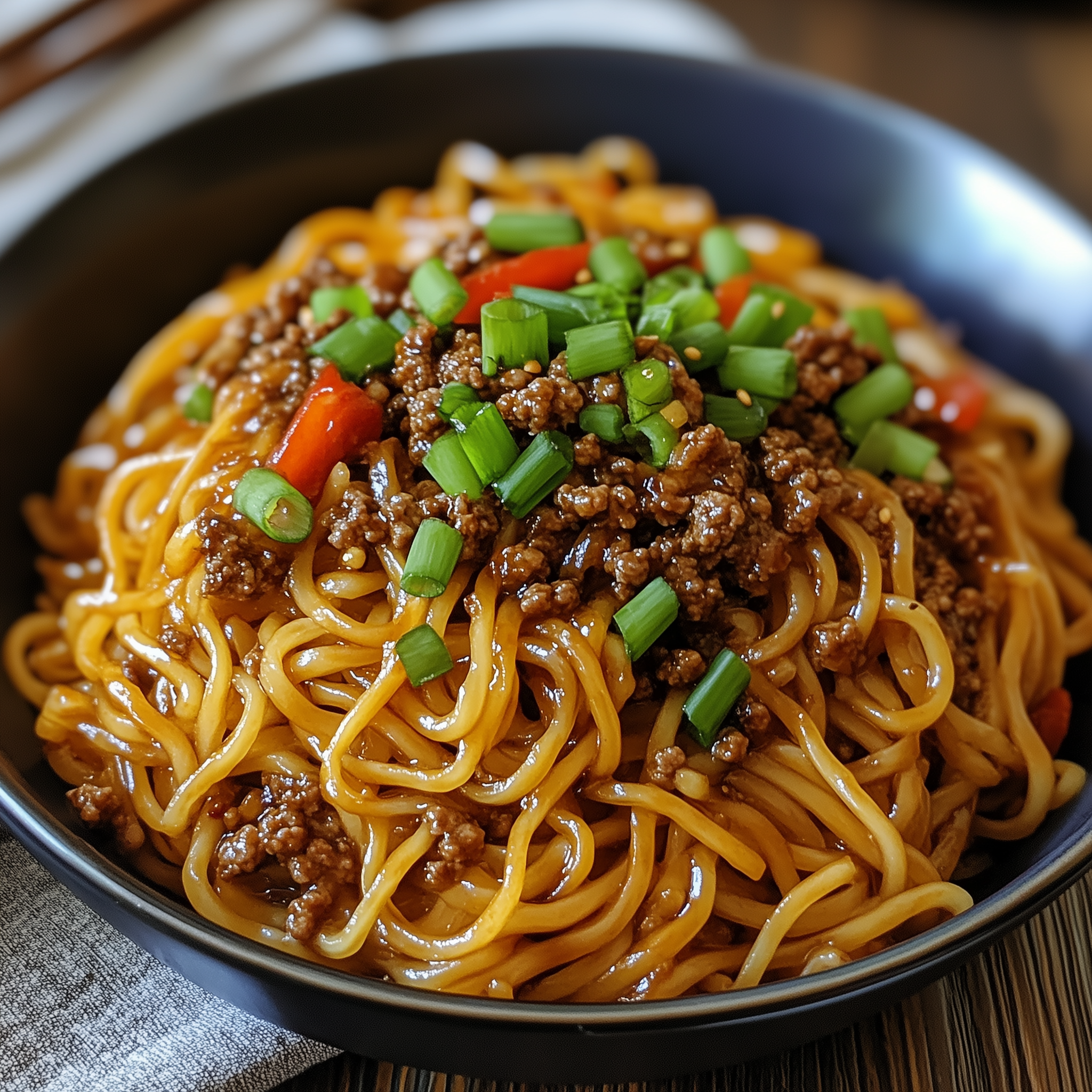 Mongolian noodles with ground beef in a savory sauce garnished with green onions and sesame seeds