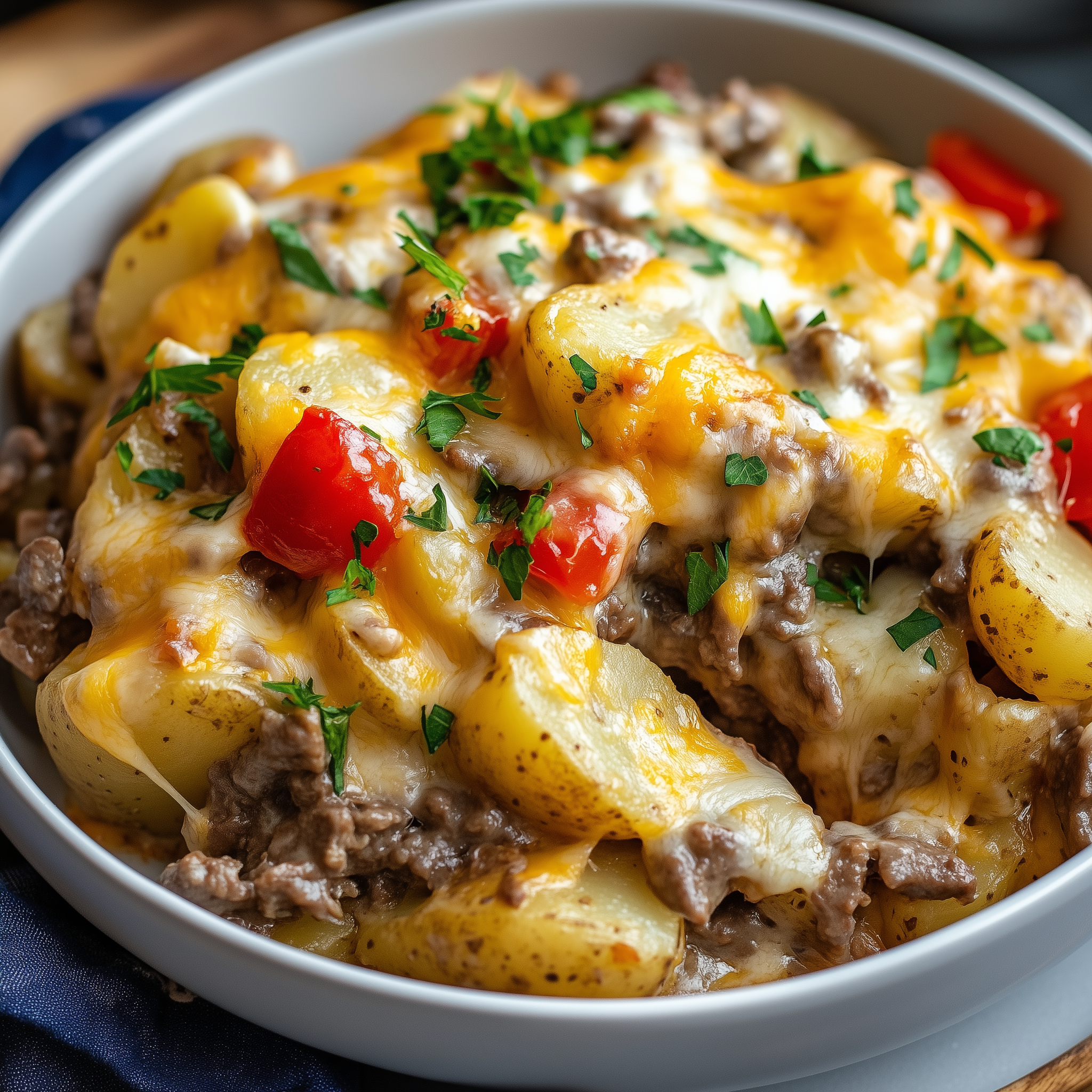 Layered crockpot cheesesteak potato casserole with melted cheese and steak slices