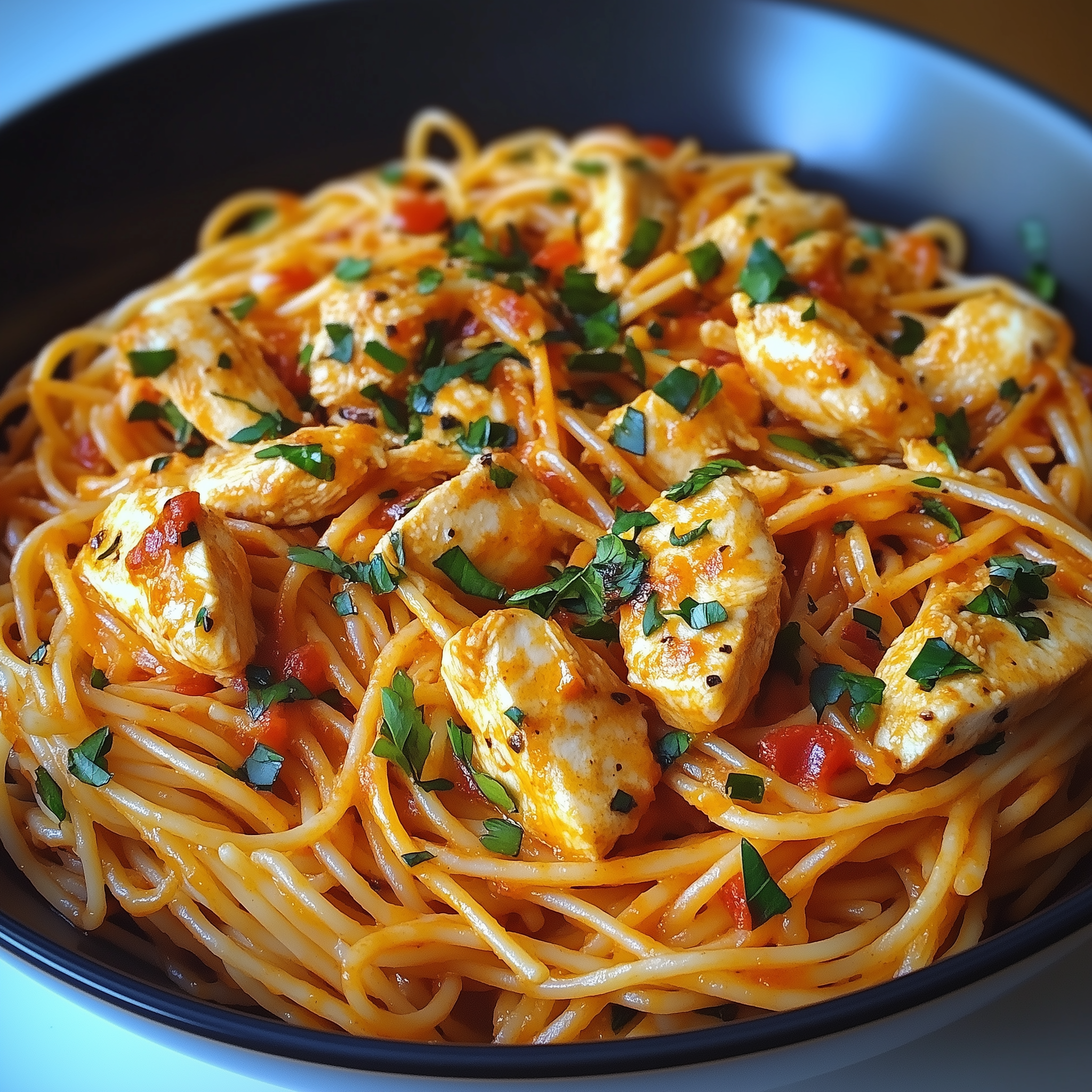 Monterey chicken spaghetti with melted cheese and parsley garnish in a skillet