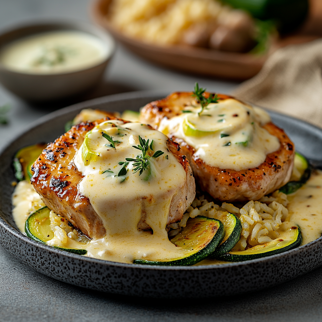 Pork fillets with zucchini and melted cheese in a skillet