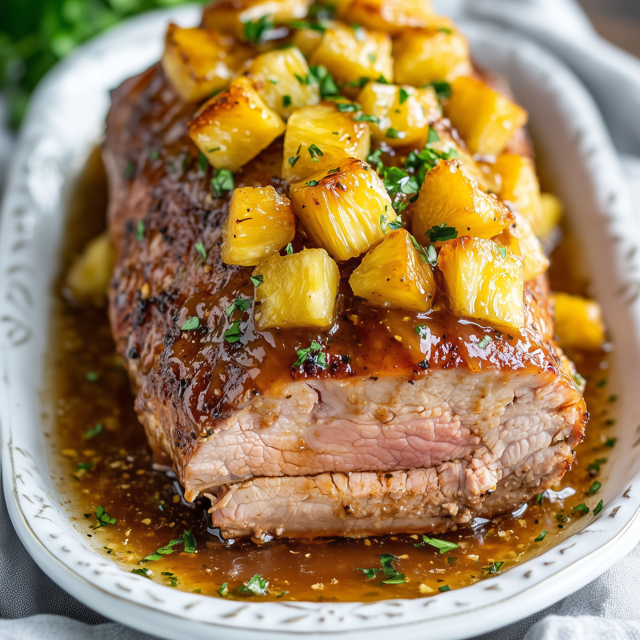 Pineapple-glazed pork loin garnished with caramelized pineapple chunks and fresh parsley