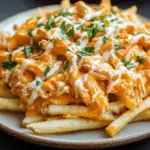 Loaded Buffalo Chicken Alfredo Fries topped with melted cheese, buffalo chicken, and green onions