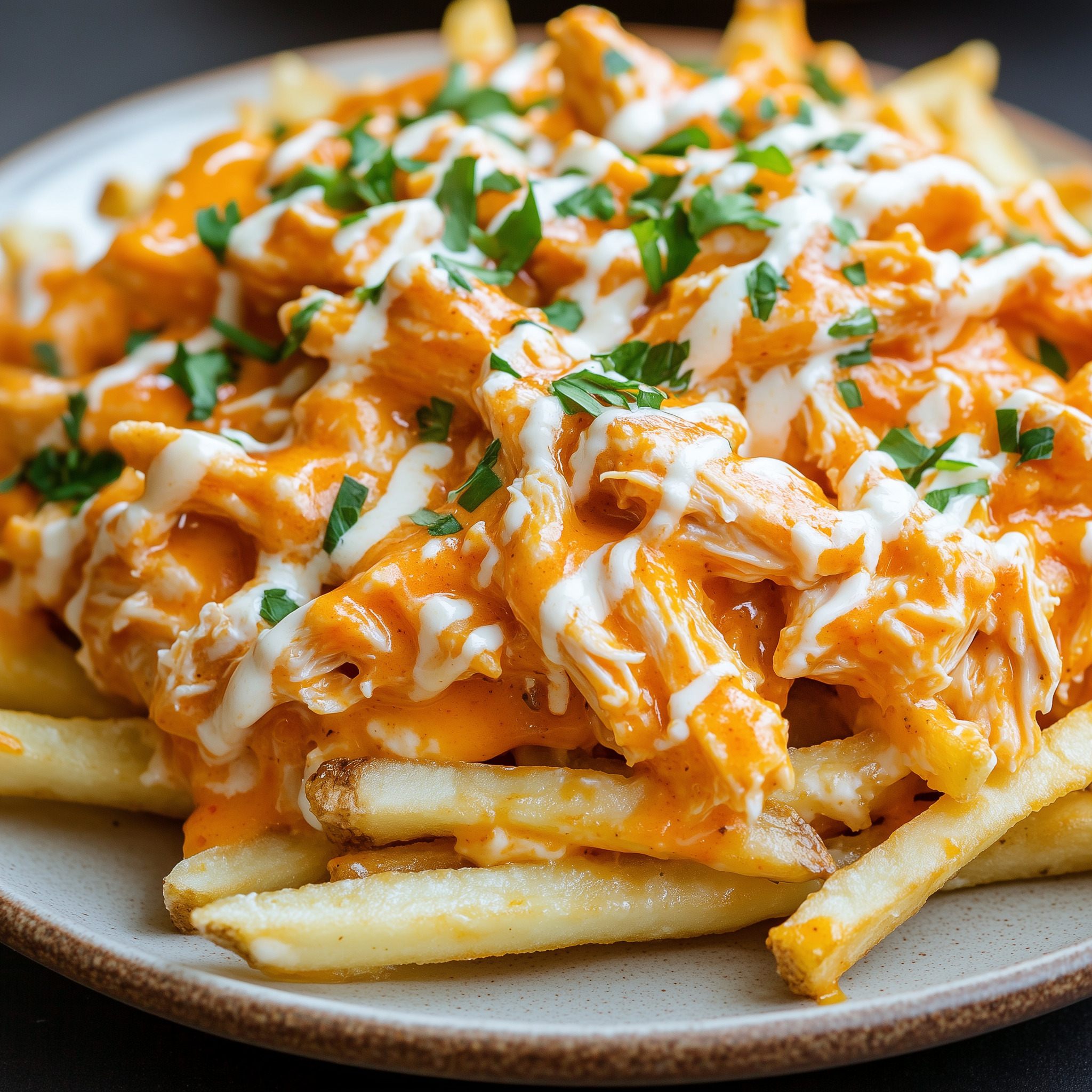 Loaded Buffalo Chicken Alfredo Fries topped with melted cheese, buffalo chicken, and green onions