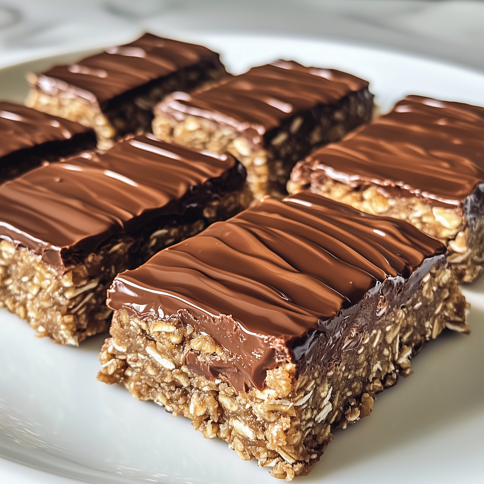 No-bake chocolate oat bars with a layer of chocolate, cut into squares on a cutting board