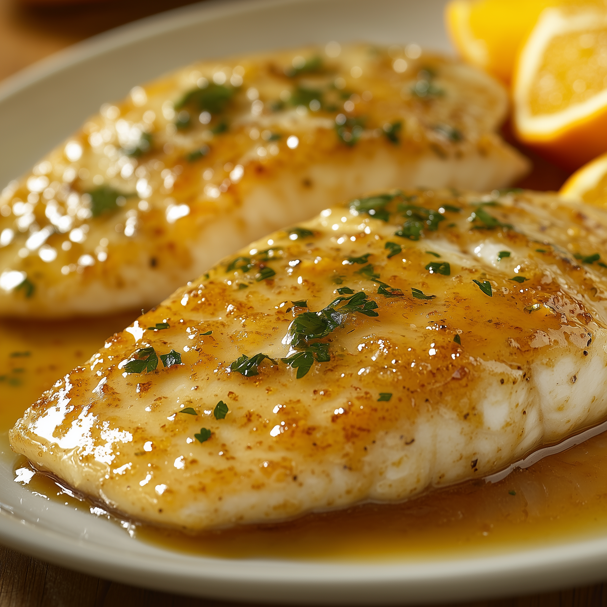 Fish fillets in orange sauce garnished with parsley on a white plate