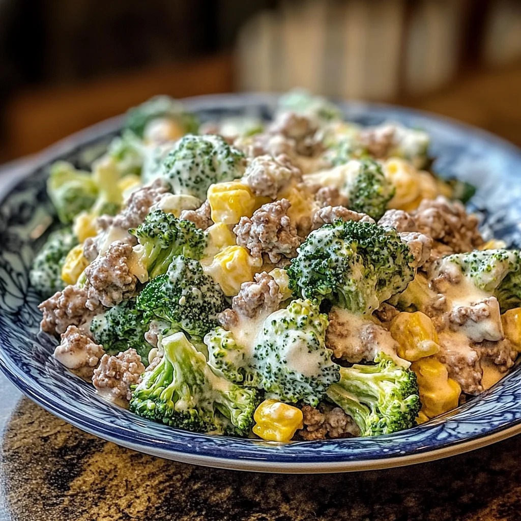 Amish Broccoli Salad with Ground Beef served in a large white bowl with fresh broccoli florets and ground beef topping.