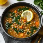 A bowl of Mediterranean Lentil Soup garnished with parsley, served with lemon wedges on the side.