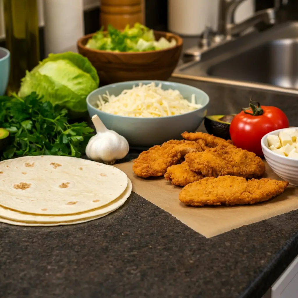 Image showing tortillas, chicken strips, shredded mozzarella, grated Parmesan, garlic, parsley, and optional toppings like lettuce, tomatoes, and avocado