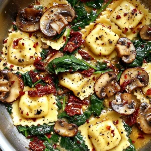 Cheese Ravioli with Spinach, Mushrooms & Sun-Dried Tomatoes