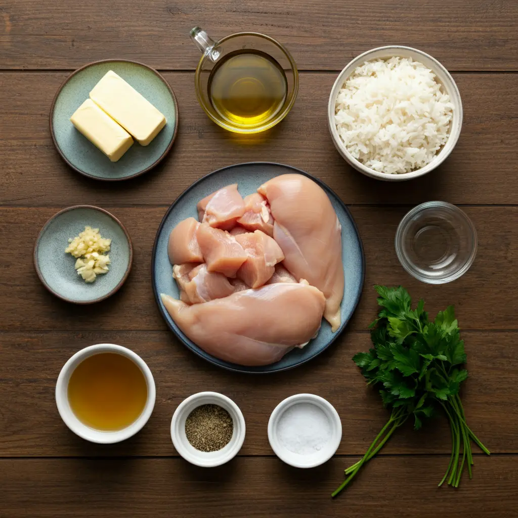 Ingredients of a Creamy Chicken in Peppery Garlic Sauce over Rice