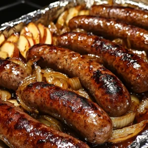 Oven Braised Beer Brats with Caramelized Onions & Apples