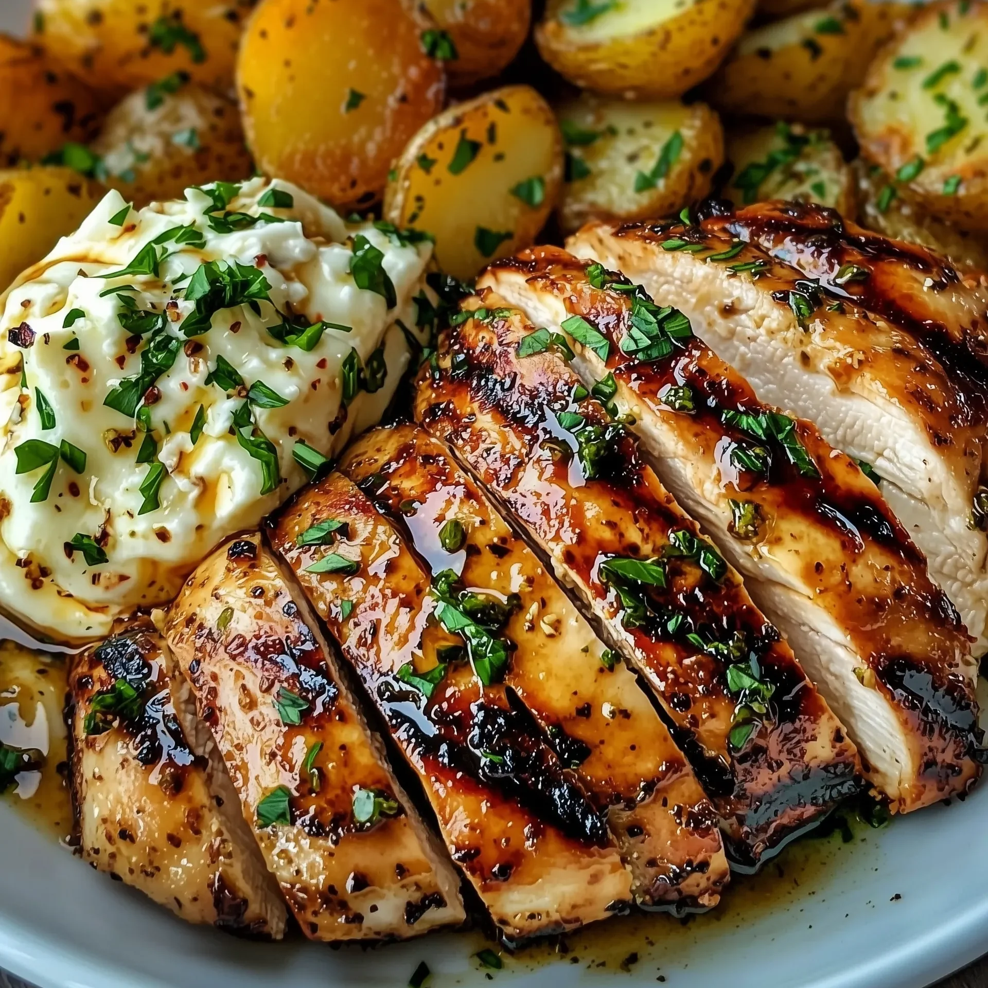 Spicy Greek Chicken with Hot Honey Whipped Feta & Crispy Potatoes