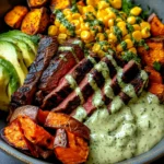 Steak, Avocado, and Roasted Corn Bowl with Cilantro Cream Sauce