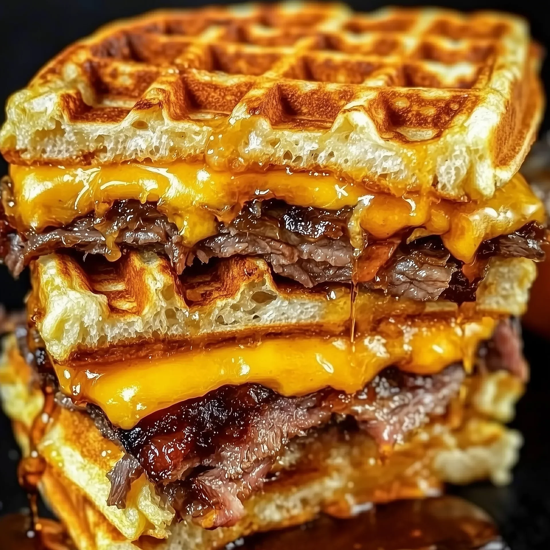 Waffle Grilled Cheese with Bourbon Maple Brisket