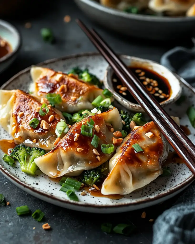 Close-up crispy dumpling bottom with peanut sauce