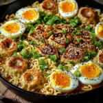 Creamy baked ramen with crispy dumplings and jammy eggs