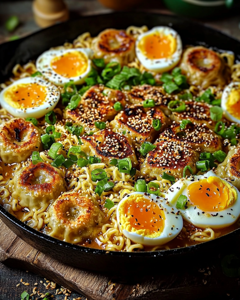 Creamy baked ramen with crispy dumplings and jammy eggs