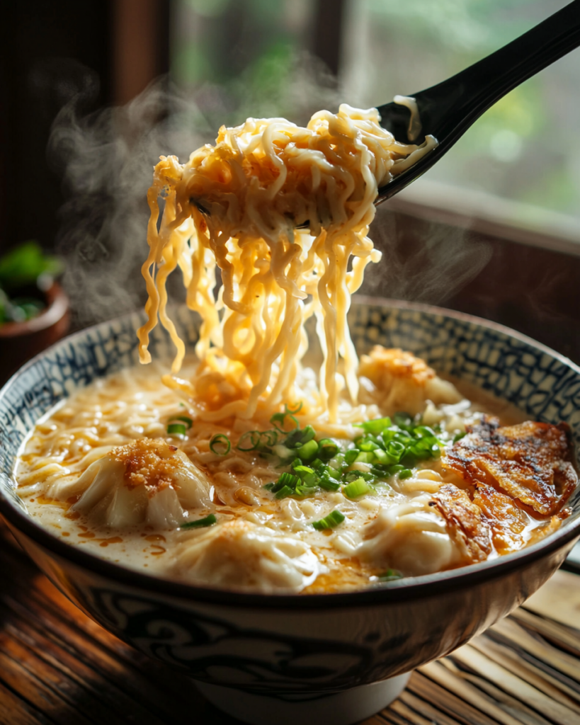 Creamy baked ramen with dumplings and jammy eggs in oven-safe skillet
