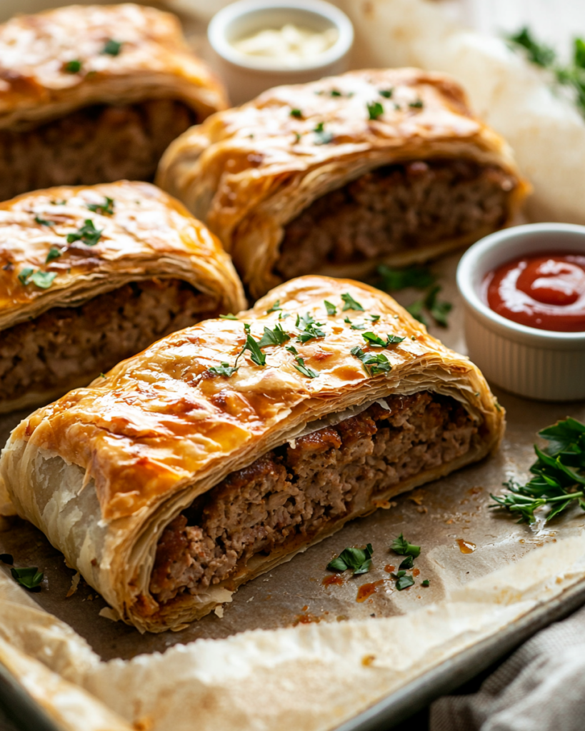 Sliced meatloaf wellington wraps served with dipping sauces on a platter
