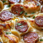 A tight, glossy close-up showing cheesy pierogies and sliced kielbasa with a cozy comfort-food vibe.