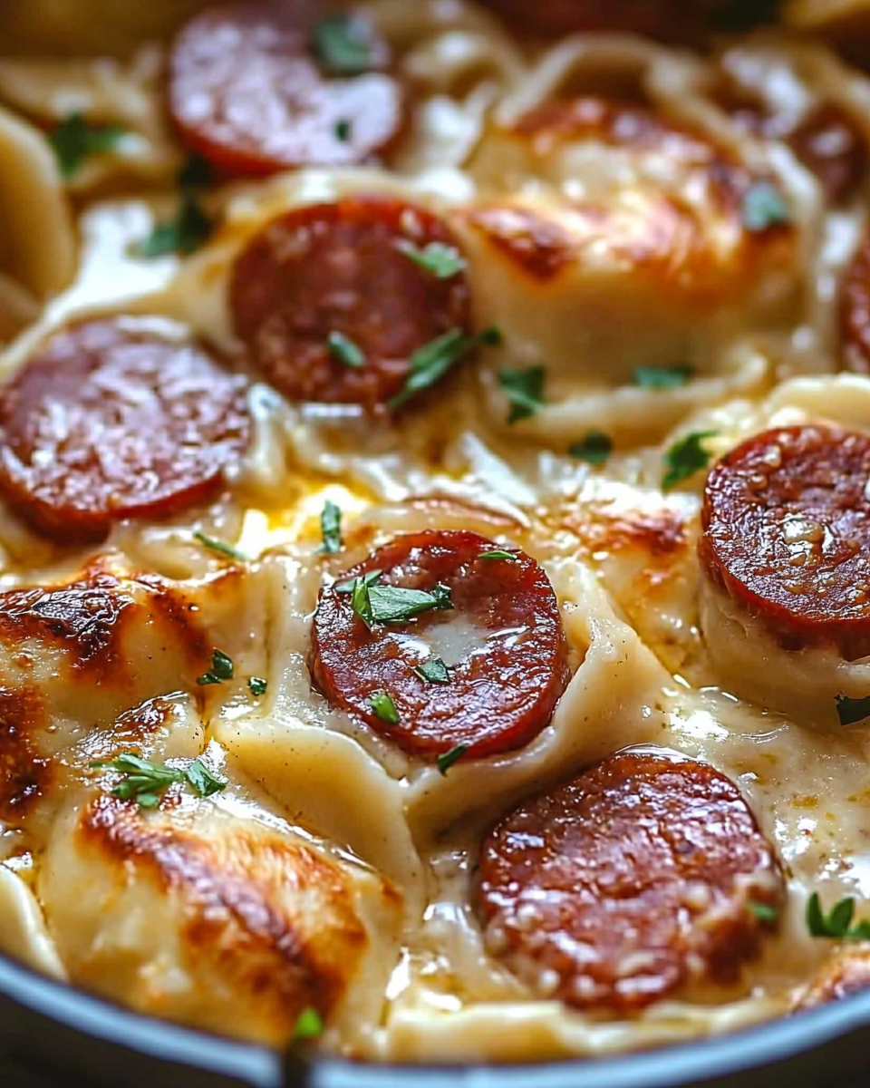 A tight, glossy close-up showing cheesy pierogies and sliced kielbasa with a cozy comfort-food vibe.